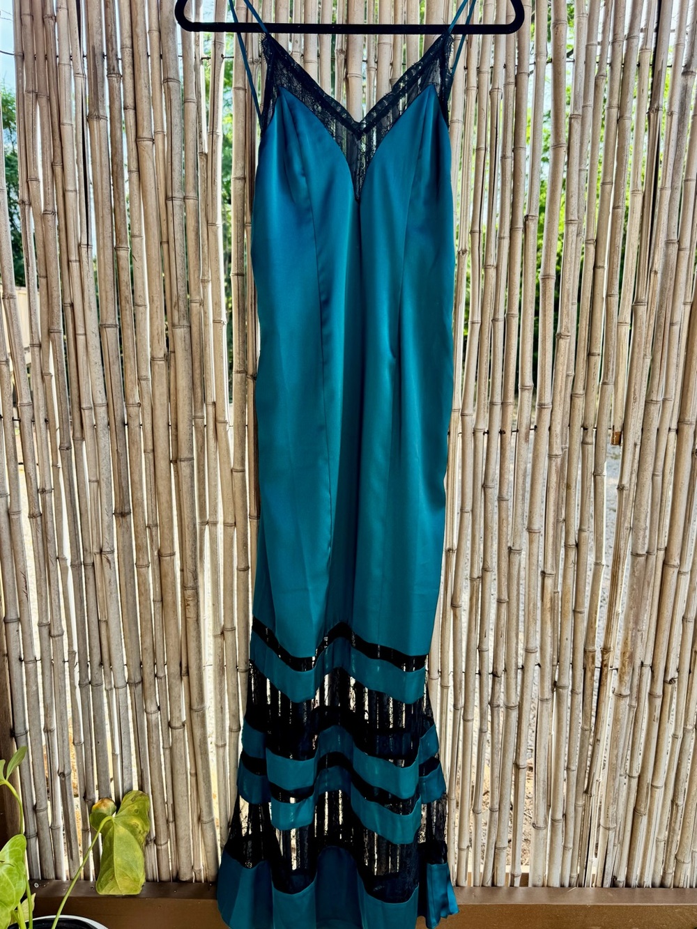 Lovers + Friends Teal Maxi Slip Dress with Black Lace Trim